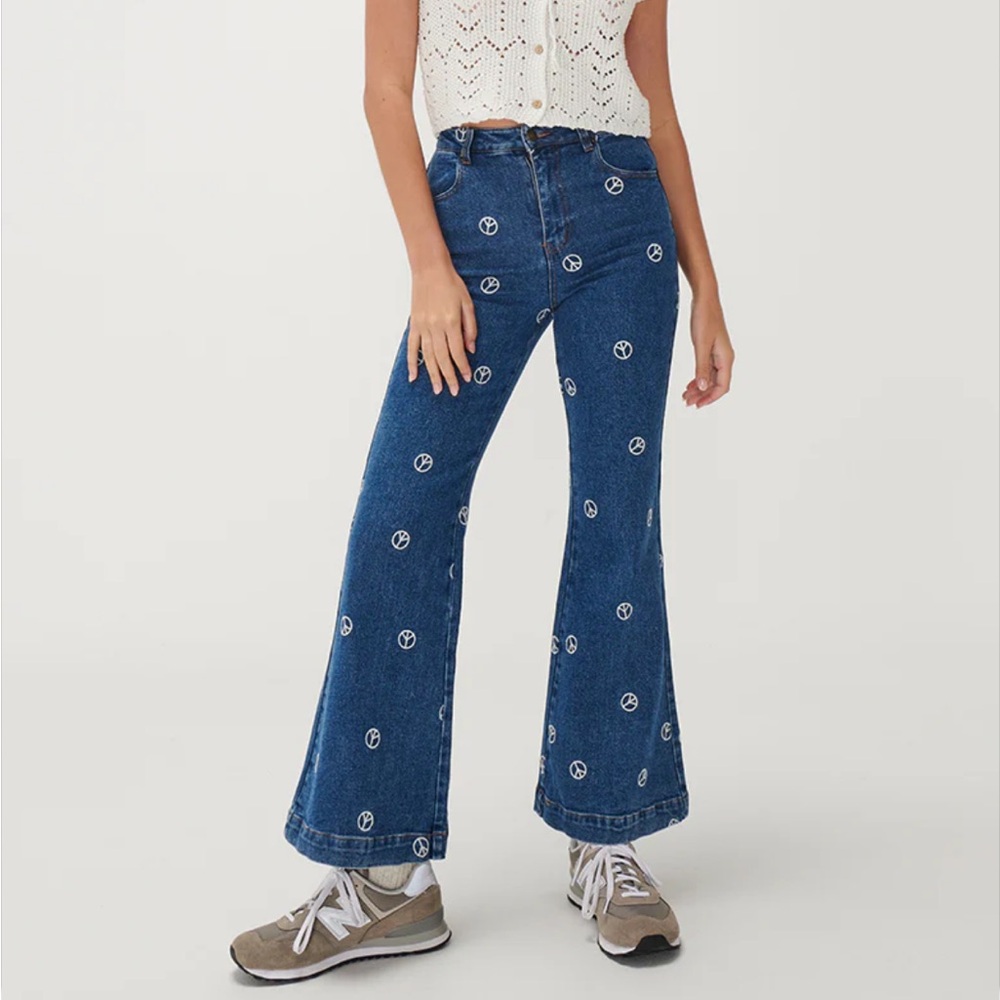 Ghanda | NWT Abbey Flare Jeans w Peace Print